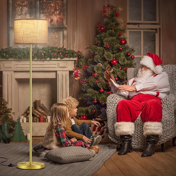 Ambimall 60'' Modern Floor Lamp with Shade, Tall Lamps for Living Room, Bedroom, Office, Dining Room, Linen Grey Shade with Brushed Gold Pole(Without Bulb)