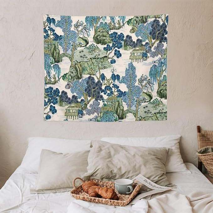 Chinoiserie Tapestry,Asian Watercolor Abstract Art Tapestry,Asian Japanese Wall Tapestry, Nature Landscape Tapestries for Bedroom Living Room Decor 60"x50"