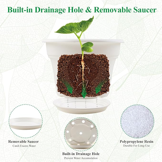 6 Inch Plastic-Flower Pot-for-Indoor Plants, 6 Pack Outdoor Plant Pots with Drainage Holes & Saucers, Resin Garden Pots Planters