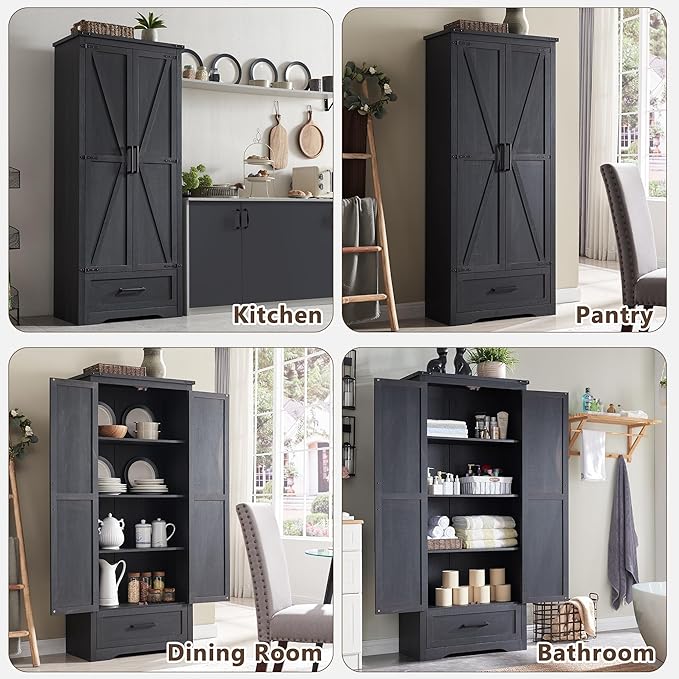 72" Tall Wood Storage Cabinet, Farmhouse Kitchen Pantry Cabinet with Adjustable Shelves & Drawer & Barn Doors, Versatile Storage for Kitchen, Dining Room, Bathroom, Black
