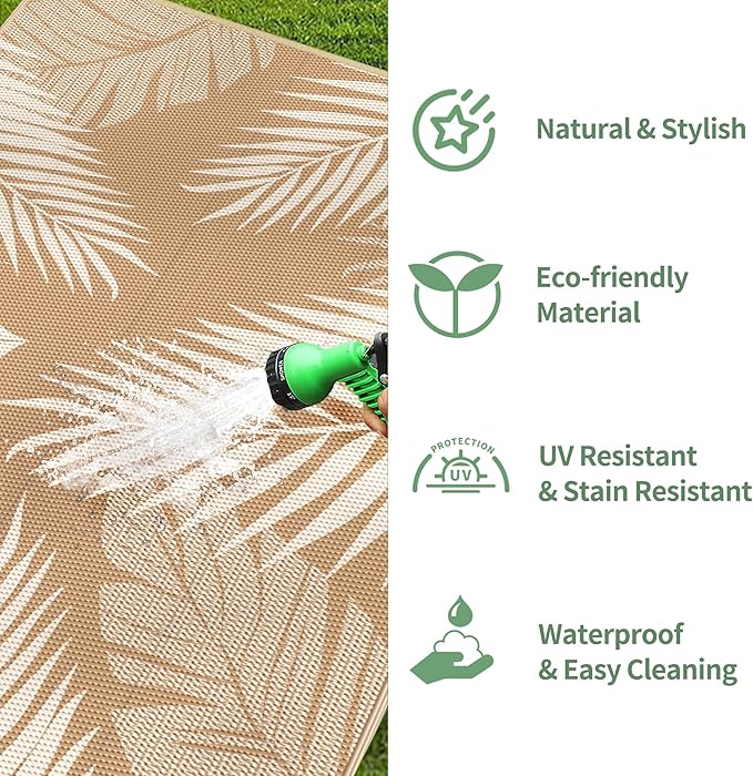GENIMO Outdoor Rug 6' x 9' Waterproof for Patios Clearance, Reversible Outdoor Plastic Straw Camping Rug Carpet, Large Area Rugs Mats for RV, Camper, Deck, Balcony, Porch, Beach, Picnic, Brown&Beige