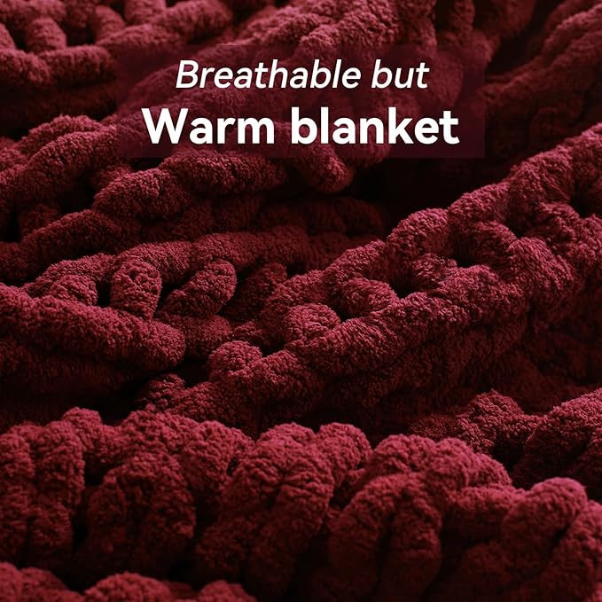 Chunky Knit Throw Blanket, 60''*80'' Knitted Throw Chenille Yarn for Bed Couch, Handmade Red Crochet Big Thick Blanket, Machine Washable Cute Comfy Blanket for Home Decor