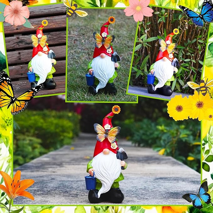 Gnomes Garden Statues Decor, Solar Waterproof Large Gnome with LED Lights Funny Garden Sculptures Outdoor Patio Yard Decorations Lawn Ornaments Gifts for Women Mom