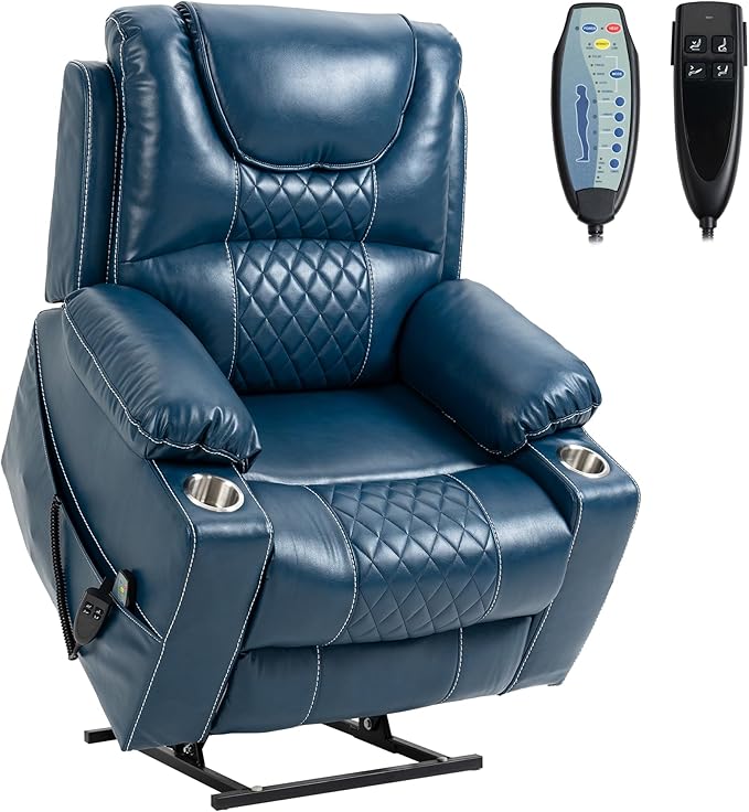 Dual Motor Power Lift Recliner Chair for Adults Elderly, Lay Flat Faux Leather Recliners with Massage Heating, Infinite Position, 2 Cup Holders, 2 Side Pockets, Up to 400LBS