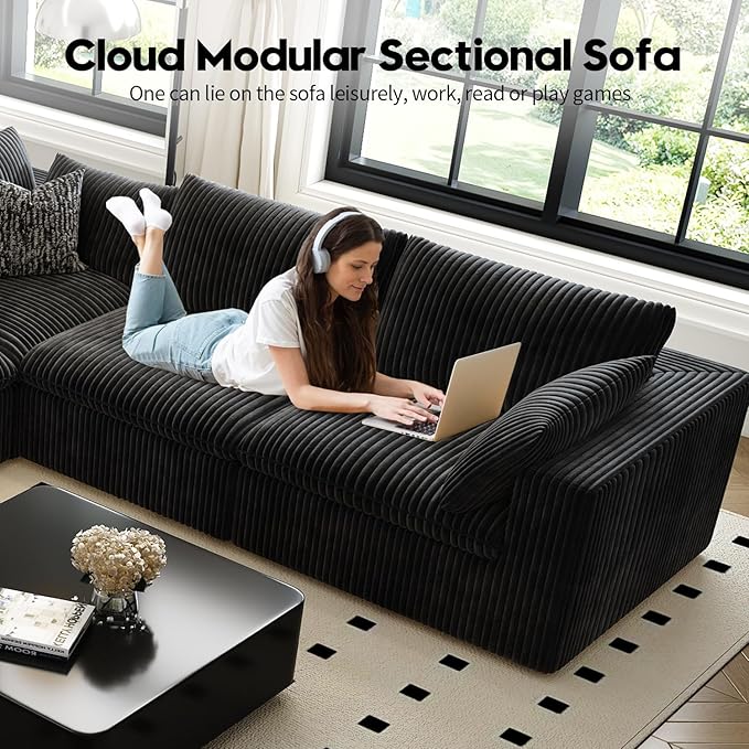 118" Cloud Couch Modular Sectional Sofa for Living Room,Modern Sofa with Deep Seat，3 Seater Boneless Couch,Comfy Upholstered Corduroy Couches for Apartment, Studio, Office,Bedroom，Black