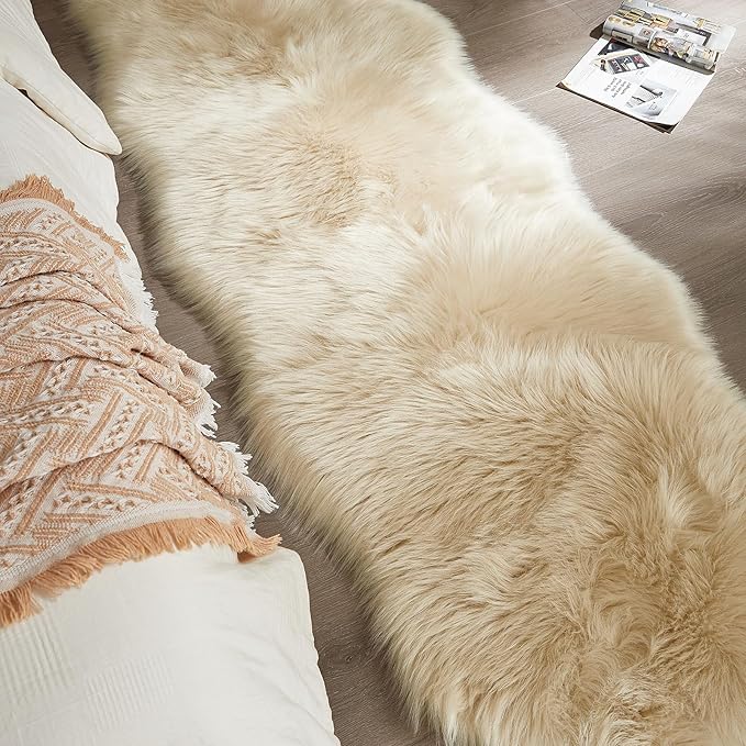 AMTOVO Faux Sheepskin Rug, Beige Ultra Soft Fluffy Shag Area Rug, 2 x 6 ft Faux Fur Rug for Bedroom Sofa Throw Cushion Room Decor, Sheepskin