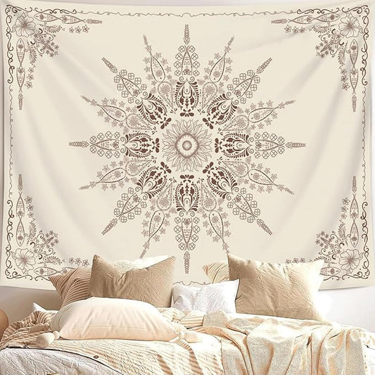 FORATER Floral Bohemian Tapestry, Flower Aesthetic Indian Wall Hanging Boho Tapestries Mandala Room Decor Tapestry for Bedroom Living Room Dorm (Flaxen, 82L x 61W)