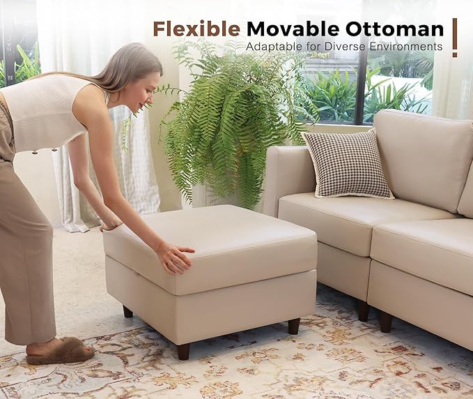 118.5" Faux Leather Modular Sectional Sofa, L Shaped Couch Set for Living Room, 6-Seater Comfy Cloud Couches with Movable Storage Ottoman Whitesand