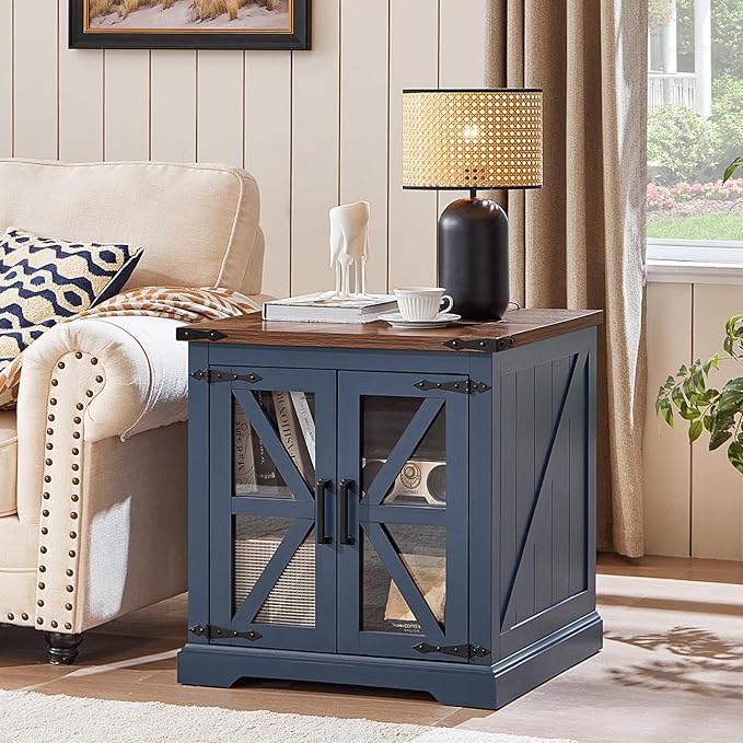Farmhouse End Table Set of 2 with Charging Station, 24" Large Sofa Side Table with Glass Barn Door, Night Stand with Adjustable Shelf, Wood Nightstand, Square Bed Side Table for Living Room,Bedroom
