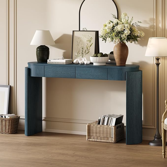 55" Sofa Table with Oval Top and 2 Drawers, Entryway Console Table with Fluted Design for Hallway,Foyer,Entry and Living Room (Fully Assembled-Navy)