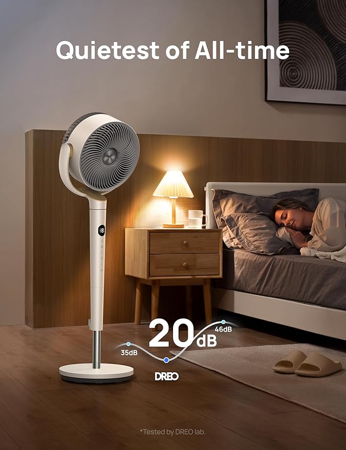 Dreo Fan for Bedroom, 120° Oscillating Standing Fan, Quiet Pedestal Fan with DC Motor, 9 Speeds, 4 modes, 20dB, 120° Manual Vertical, 37-42" Adjustable Height, 9H Timer, White