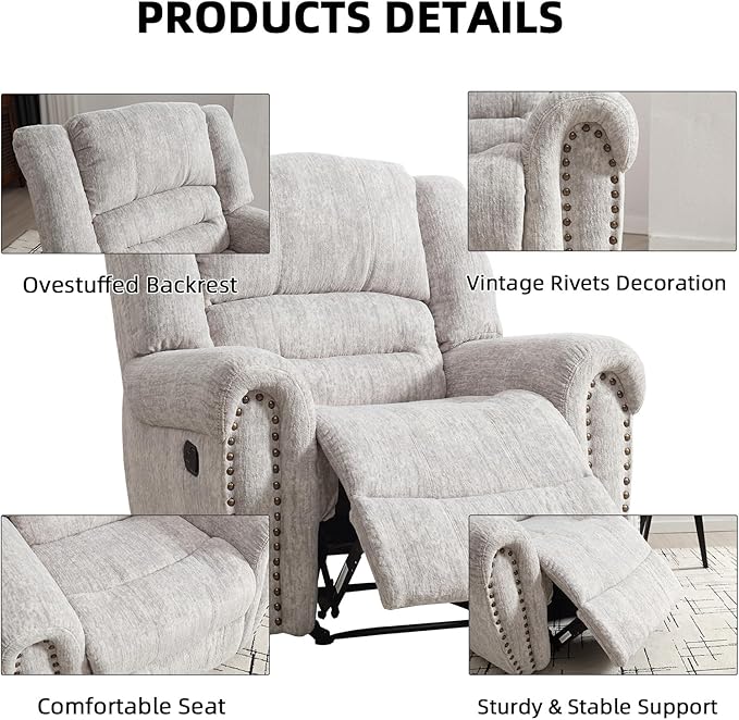 CANMOV Manual Recliner Chair Set of 2, Classic and Traditional Manual Recliner Chair with Comfortable Arms and Back Single Sofa for Living Room, White Grey