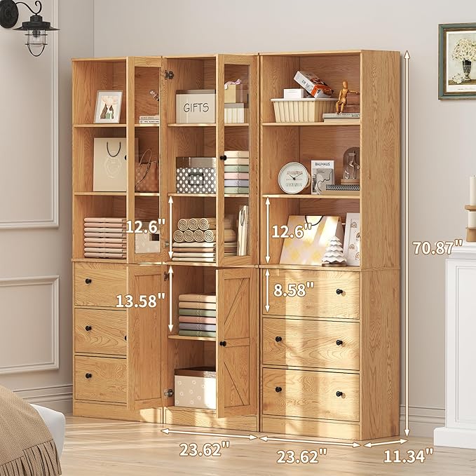 71" Tall Bookshelves Set of 3, 2 Bookcases with Drawers & 1 Bookshelf with Doors, Wooden Bookshelves Floor Standing Display Storage Shelves Home Decor Furniture for Home Office, Living Room