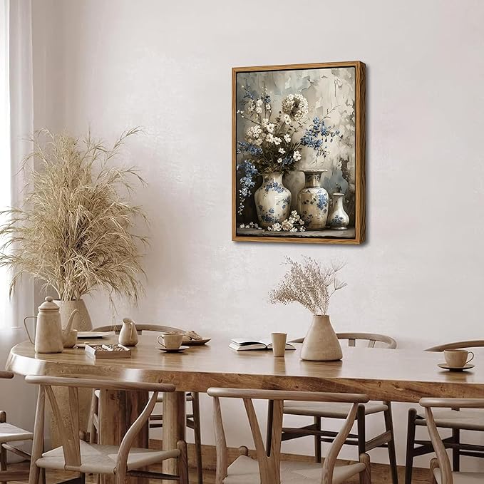Floating Framed Farmhouse Floral Canvas Wall Art, Vintage Blue and White Flower Pictures Wall Decor, Elegant Art Jar Posters Print for Living Room Bedroom Bathroom Rustic Decor 12x16 inch