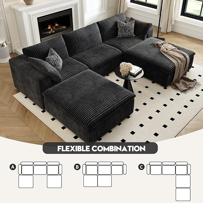 118" Cloud Couch Modular Sectional Sofa for Living Room,Modern Sofa with Deep Seat，U-Shape Boneless Couch with 2 Ottoman,Comfy Upholstered Corduroy Couches for Apartment, Studio, Office,Bedroom，Black