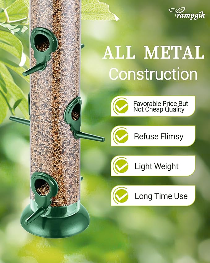 Bird Feeders for Outdoors Hanging,Finch Feeders for Outside,Chew-Proof Hanging Bird Feeder,Rust-Proof Birdfeeder,Squirrel Proof 6 Ports Metal Bird Feeder,14 Inch,1 Pack,Green