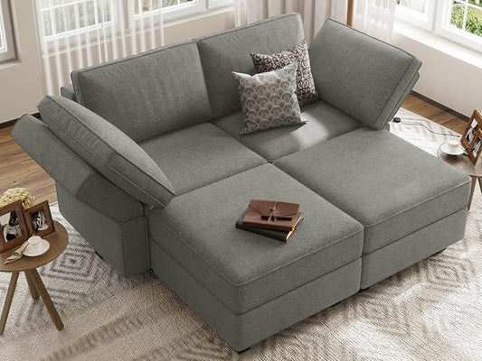 Bellfin Modular Sectional Sleeper Sofa Convertible Sofas with Storage Ottomans Small Sectional Couches for Living Room. Light Grey Couch