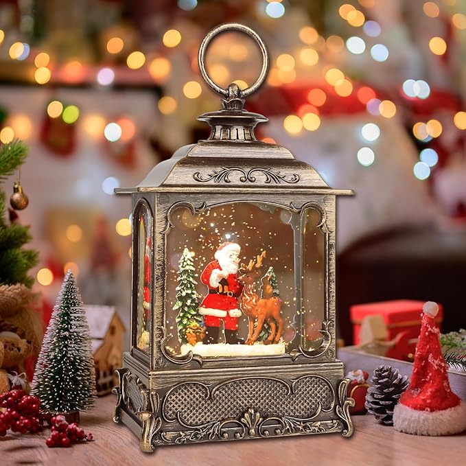 Christmas Snow Globes,Christmas Decorations for Home,with 6 Hour Timer,Musical Snow Globe,Battery Or USB Powered,Christmas Lantern,Christmas Festival Decor, Santas Reindeer