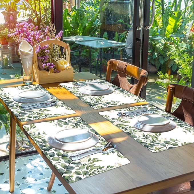 Eucalyptus Leaves Placemat Set of 6 Seasonal Summer Plastic Table Mats Spring Green Leaves Themed Place Mats Rustic Vintage Table Decoration for Indoor Outdoor Party Kitchen Dining