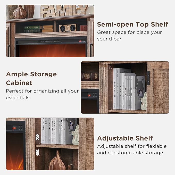 Fireplace TV Stand for 80 Inch TV, 35.7" Tall Farmhouse Entertainment Center W/36'' Electric Fireplace, Media Console with Large Storage Cabinets and Drawers for Living Room, Light Brown