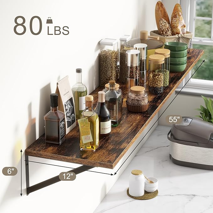 Fun Memories Deep Floating Shelves, 55W x 12D Floating Shelves for Wall, Wood Floating Shelf with Bracket, Wide Display & Storage Wall Shelves for Living Room, Bedroom, Rustic Brown