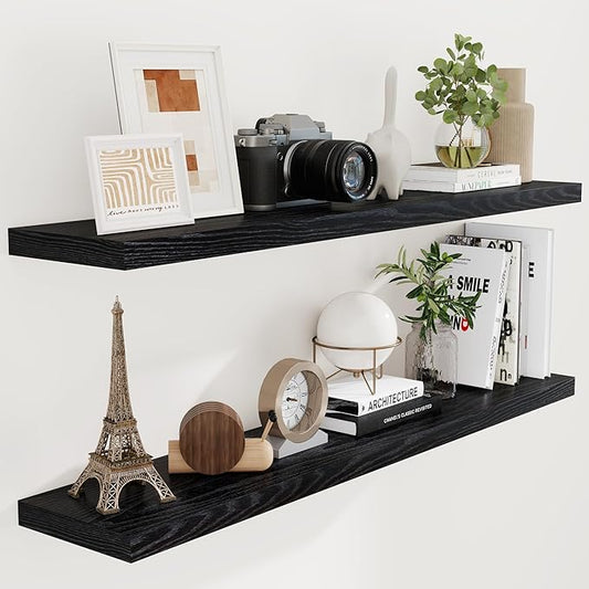 Fun Memories Floating Shelves 55 Inch Set of 2, Black 55 x 9 Wall Shelves for Home Decor Storage, Rustic Wood Floating Shelf for Wall, 9 Inch Deep Shelving for Bathroom, Living Room, Kitchen