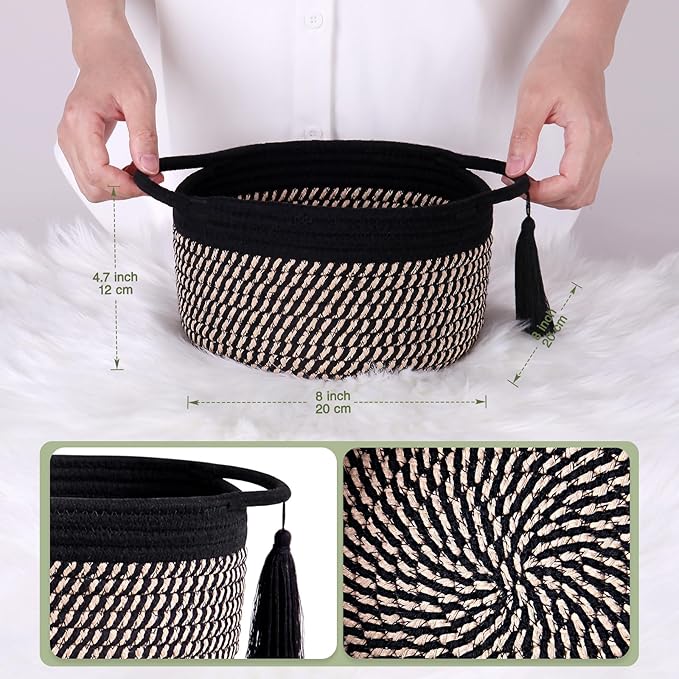 Decorative Small Gift Basket Empty – SweetMemo Cute Woven Rope Organizer Baskets for Desk, Bedside, Bathroom, Key, Round Boho Decor Cotton Bin with tassel, Gift Bag, Ribbon – Rustic Black Brown