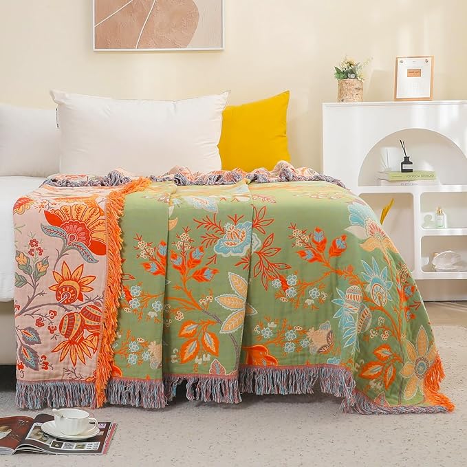 Boho Fall Throw Blanket for Bed，100% Ultra Cotton Soft Breathable Bed Throw Floral Printed Farmhouse Decor Rustic Bed Throws for Couch Sofa Quilt 60" x 80"-Orange& Sage Green