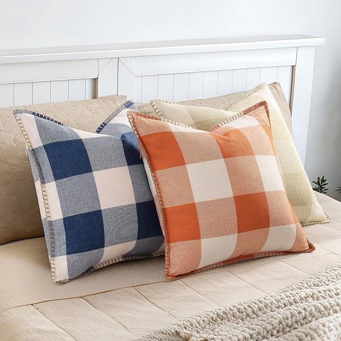 decorUhome Buffalo Plaid Check Fall Throw Pillow Covers 24x24 Set of 2, Outdoor Decorative Farmhouse Pillow Covers with Stitched Edge for Bed Couch Sofa, Cream White and Beige