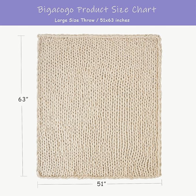 Bigacogo Chunky Knit Throw Blanket for Couch, 51x63 inches, 100% Hand Knitted with Thick Jumbo Chenille Yarn, Cozy Soft Large Rope Knot Cable Crochet Blankets for Sofa Bed Living Room, Beige