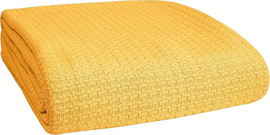 BELIZZI HOME 100% Cotton Bed Blanket, Breathable Bed Blanket Full Queen Size, Cotton Thermal Blankets Full Queen, Perfect for Layering Any Bed for All Season, Mustard Yellow