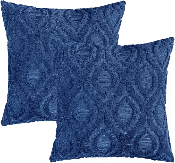 decorUhome Fall Throw Pillow Covers 24x24 Inch Set of 2, Soft Plush Decorative Faux Fur Dark Blue Solid Couch Pillow Covers, Accent Farmhouse Neutral Square Euro Pillow Cases for Sofa Bed Living Room