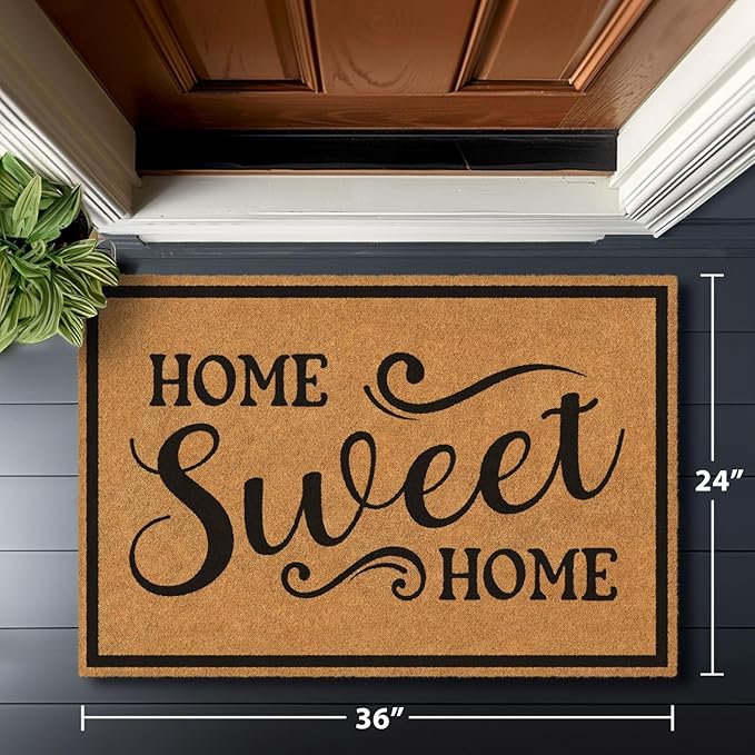 Barnyard Designs Natural Coco Coir Heavy Duty Backing Doormat - Large Cute Non-Slip Front Door Welcome Mat for Outside Entrance or Porch Entry, Brown (24x36, Home Sweet Home)