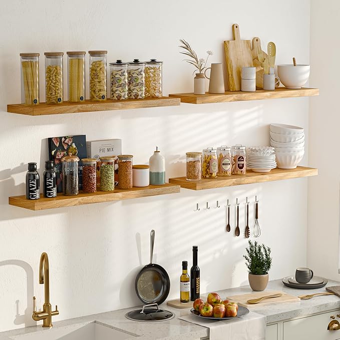 Floating Shelves for Wall, 42" Flat Edge Solid Elm Wood Floating Shelf, Wall-Mounted Display Shelves with Invisible Heavy-Duty Metal Bracket, Floating Shelf for Living Room Kitchen, Natural