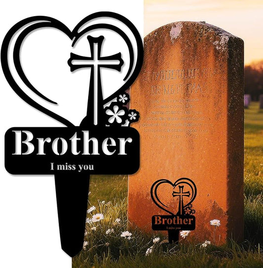 Brother Memorial Grave Stake, Cemetery Decorations for Grave Markers 12.5 x 7.2 inch Heart Metal Sympathy Stakes Graveside Plaque Decor Sign for Brother Graves, Yard, Garden - Black-Brother