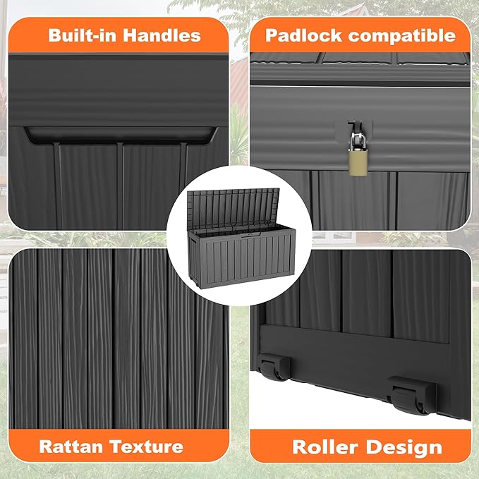 75 Gallon Resin Deck Box, Lockable Patio Outdoor Storage Box for Furniture, Garden Tools and Tools Storage, Waterproof Outside Storage Boxes - Black