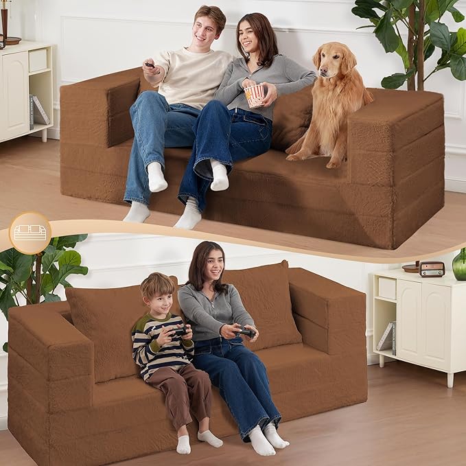 Folding Bean Bag Chair for Adults,3-in-1 Bean Bag Couch Faux Fur Floor Sofa Large Beanbag Convertible Bean Bag Sofa Bed with Pillow in Bedroom,Living Room,Apartment(Queen,Caramel)