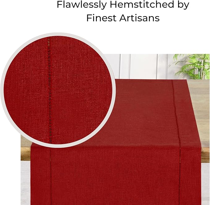 D'Moksha Homes Red Linen Table Runner 60 Inches Long - 100% Pure Linen Diamond Table Runner 14 x 60 Inch for Dining, Fall and Halloween - Machine Washable