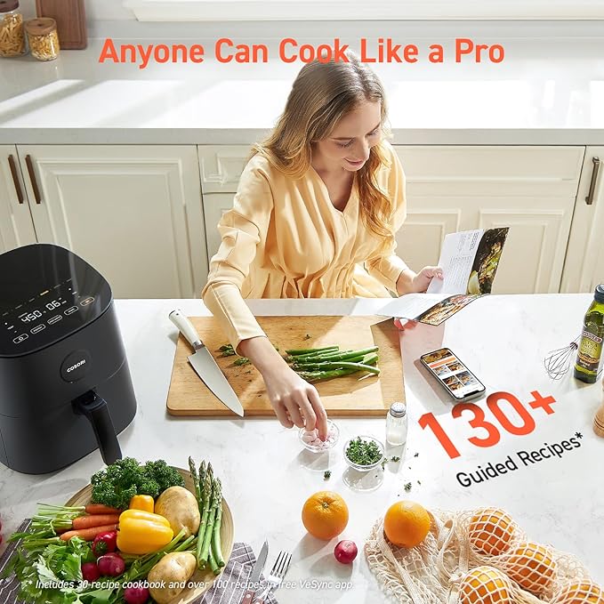 COSORI Air Fryer Pro 9-in-1, Compact 5QT, 450℉: Half Time & Chef-Grade Cook, One-Wipe Clean Glass Panel, 130+ In-App Recipes with Nutritional Info, Nonstick & Dishwasher-Safe Basket, Ceramic, Gray
