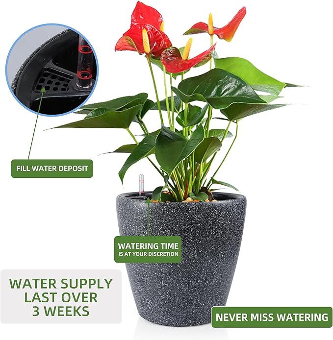 Dexceder 18x17 Self Watering Planter with Wheels Indoor Outdoor, Inner Pot Design, Thickened Large Floor Standing Flower Plant Pot with Water Level Indicator (Stone Matte)