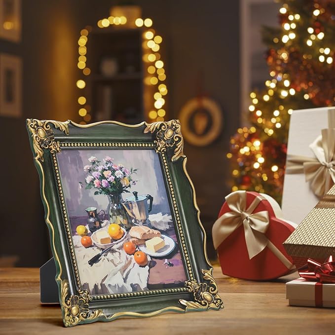 8x10 Vintage Picture Frame with Embossed Flower Design, Green Ornate Frame for 8x10 or 5x7 Pictures with White Mat, Hand-Crafted Resin Antique Frames for Tabletop & Wall Hanging, Home Decor (Green )