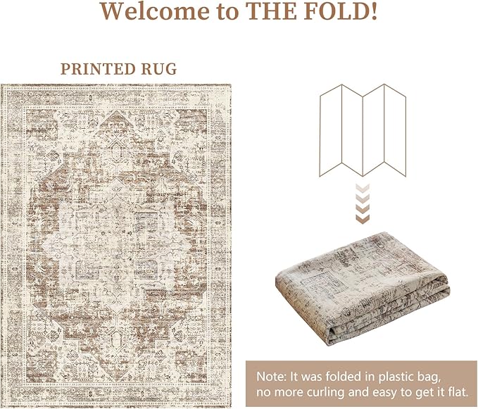 6'x9' Area Rug - Vintage Persian Medallion Design Low-Pile Faux Wool Rug, Non-Slip Backing, Machine Washable, for Living Room, Dining Room, Bedroom (Cream/Taupe)