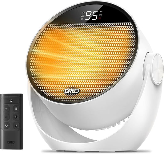 Dreo Space Heater 1500W, 60° Adjustable Tilt, 10.5ft/s Portable Electric Heaters for Indoor Use with Thermostat, 8 Safety Protections, 3 Modes, Remote, Quiet Desk Heater for Bedroom, Office, White