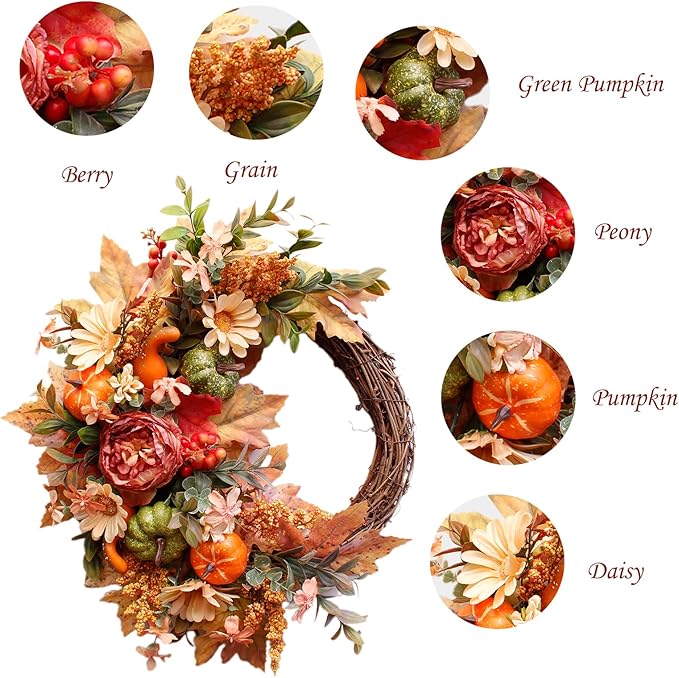 20Inch Fall Wreaths for Front Door,Fall Decorations for Home,Autumn Wreaths with Pumpkin Peony Sunflowers Berry Wreaths,Fall Door Wreath for Thanksgiving Halloween Farmhouse Home Outdoor Indoor Decor