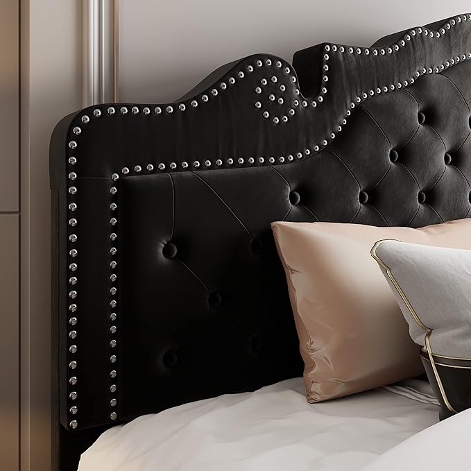 Allewie King Bed Frame with Adjustable Velvet Tiara Headboard, Upholstered Diamond Button Tufted Platform Bed, Wood Slats Support, No Box Spring Needed, Mattress Foundation, Easy Assembly, Black