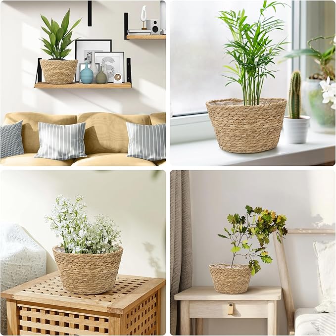 Athaliah Plant Basket Set of 3, Indoor Woven Planter Baskets with Plastic Liner, Water Hyacinth and Corn Husk Decorative Pots for Rustic Home & Floor Plant Decor (Natural Color-3)