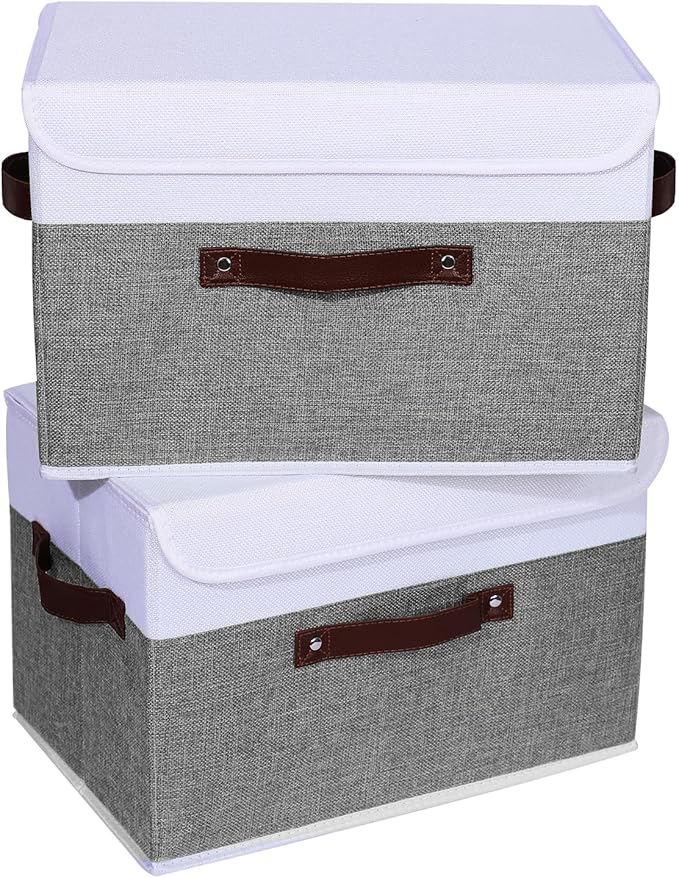 ANMINY 4PCS Storage Boxes with Lid Washable Decorative Storage Bins Basket with PU Leather Handle Foldable Linen Fabric Storage Cubes Containers for Home Closet Organizer - Gray White, Large Size