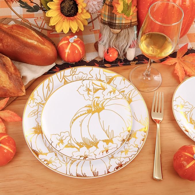 FLOWERCAT 60PCS Thanksgiving Plates & Gold Pumpkin Plates - Including 30PCS 10.25inch Thanksgiving Dinner Plates and 30PCS 7.5inch Thanksgiving Dessert Plates for Giving Thanks Theme Party