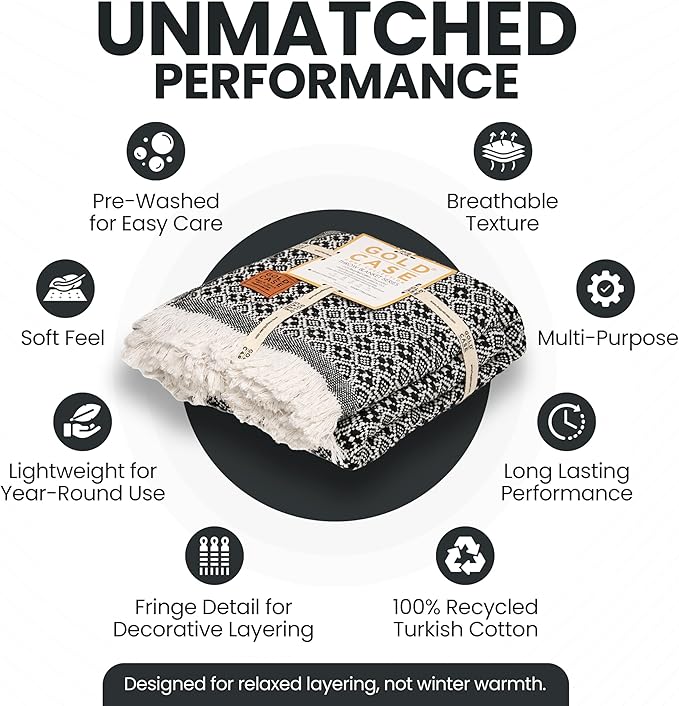 Gold Case Throw Blanket for Couch – 100% Recycled Turkish Cotton Blankets & Throws – Elegant Decorative Throw Blankets for Living Room Sofa – Woven Throws for Couch – Retro Black – 50x60