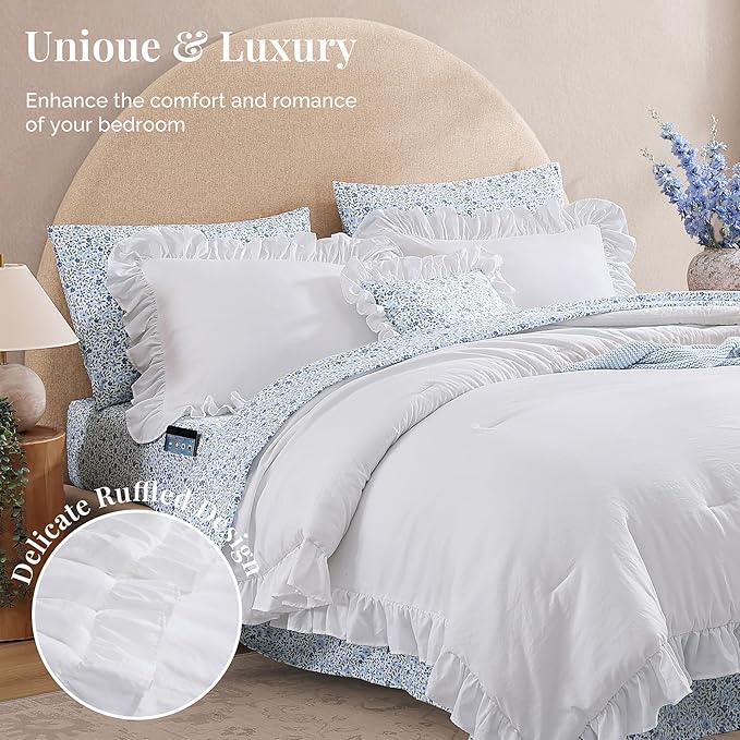 Full Comforter Set - 7 Pieces Ruffle White Bedding Sets, Shabby Chic Farmhouse Bed in a Bag Full with Ruffle Comforter, Floral Sheets, Pillowcases & Shams